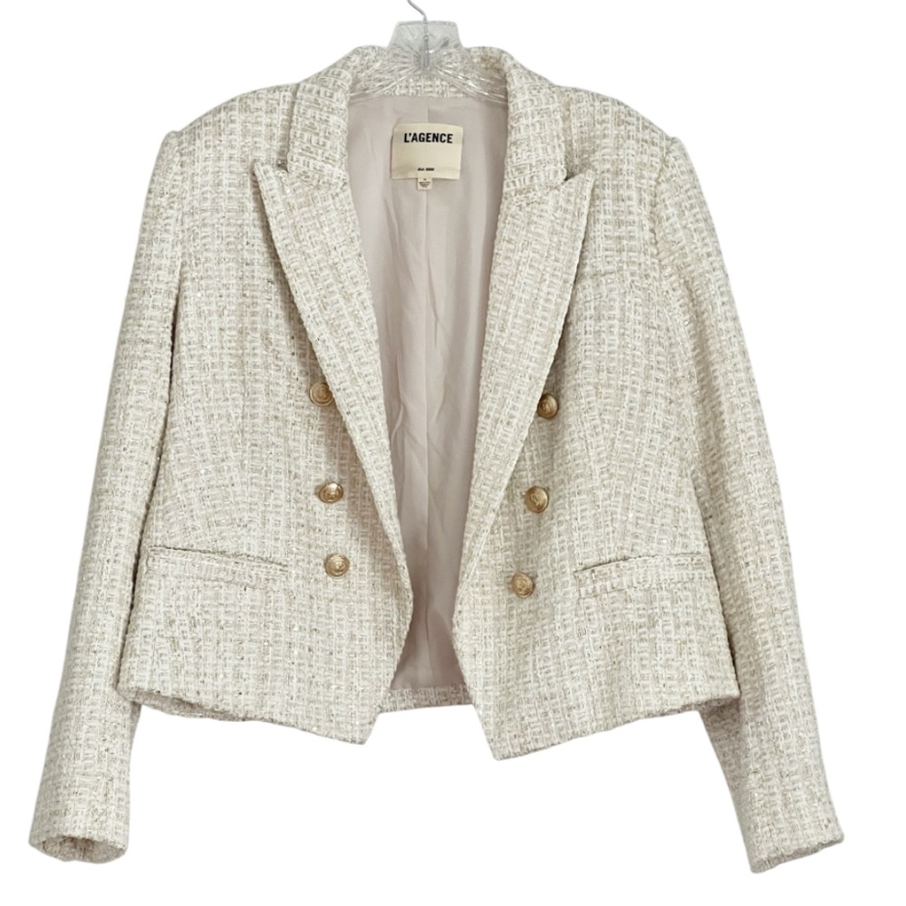 L’AGENCE Brooke Open Front Double Breasted White/Gold Tweed Blazer Size 12 - Picture 7 of 8